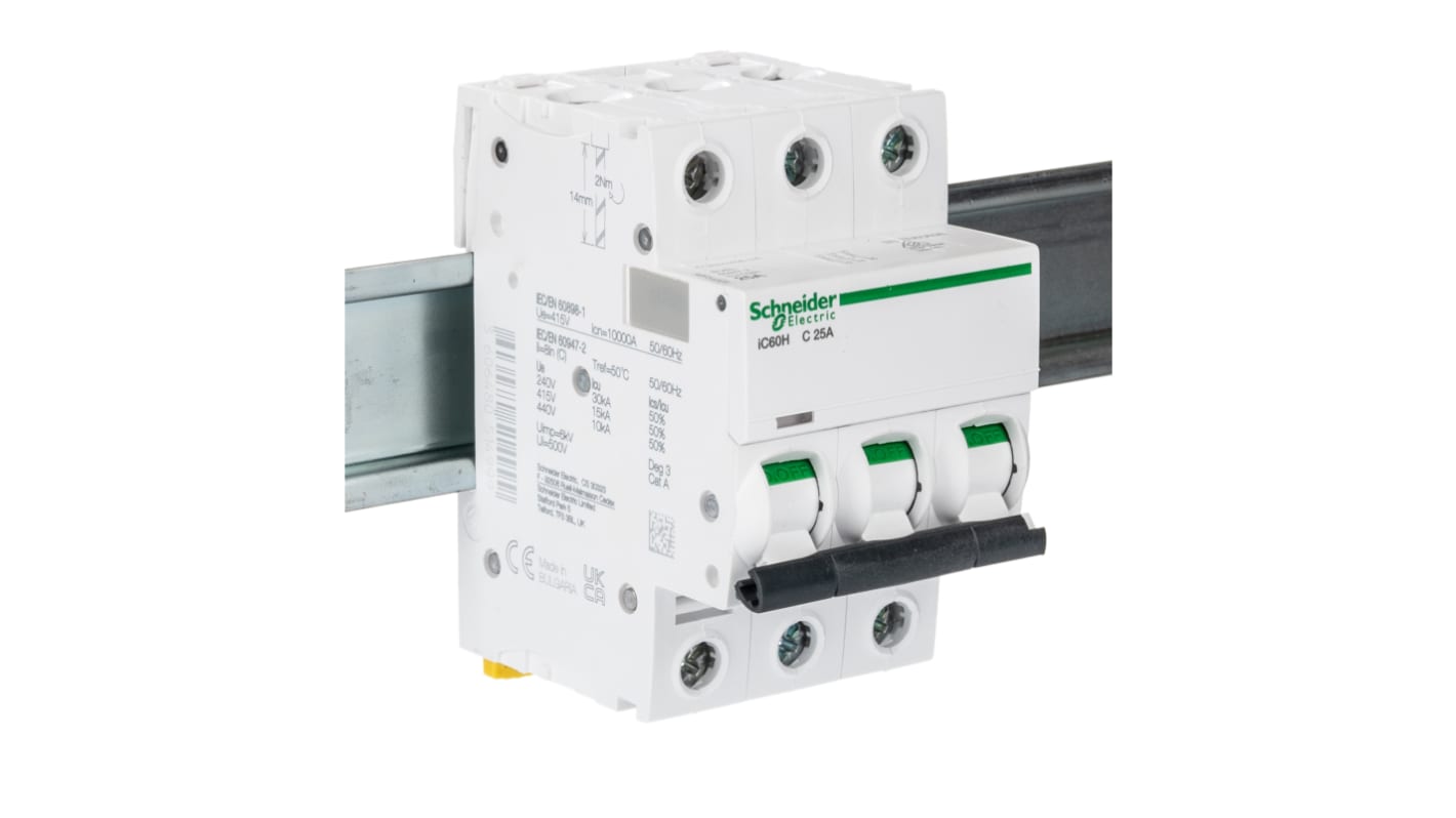 Schneider Electric C型MCB, 3极, 10 kA分断, 25A, 440VAC, 100 → 133VDC, iC60H系列