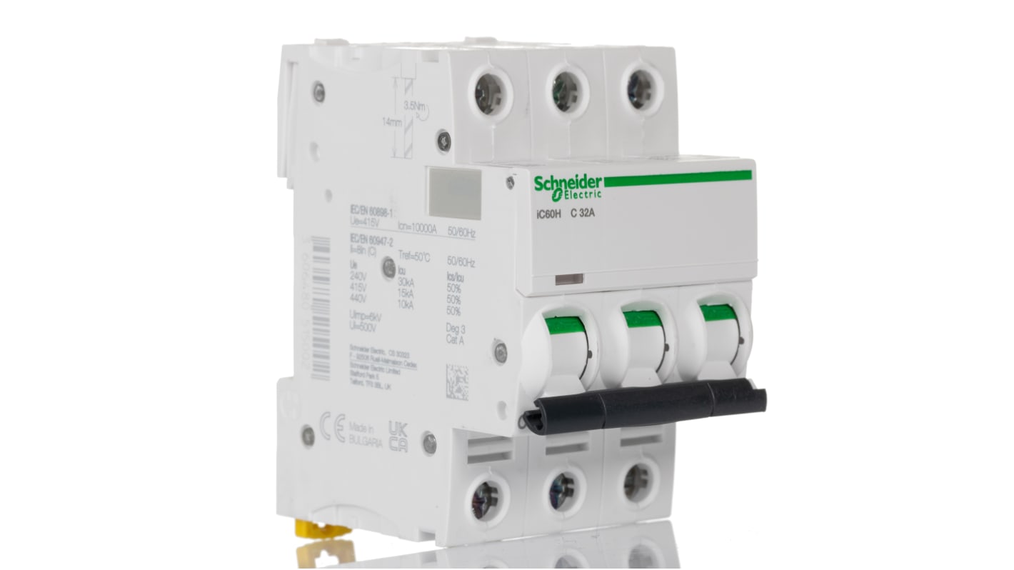 Schneider Electric Acti 9 iC60H MCB, 3P, 32A Curve C, 440V AC, 100 → 133V DC, 10 kA Breaking Capacity