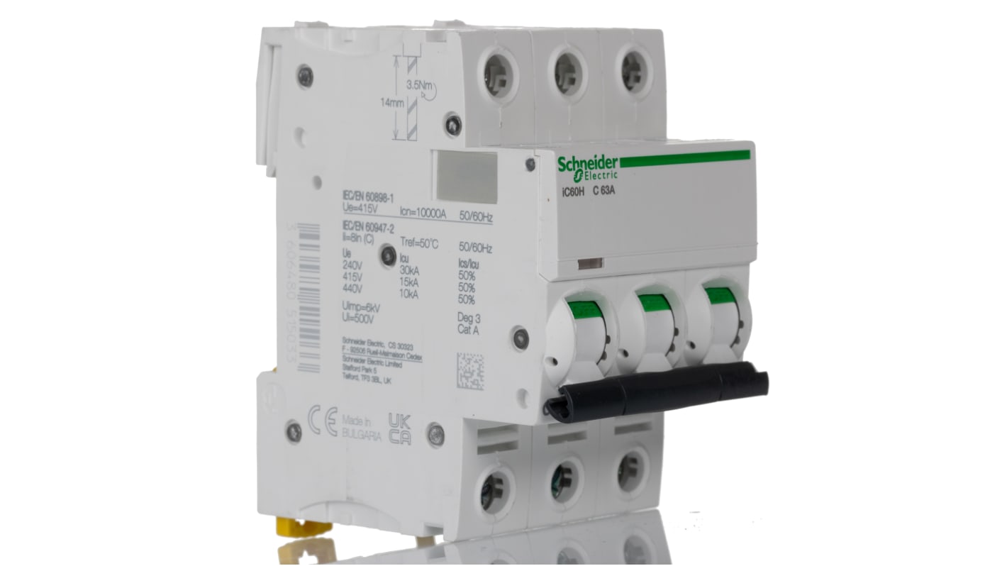 Schneider Electric Acti 9 iC60H MCB, 3P, 63A Curve C, 440V AC, 100 → 133V DC, 10 kA Breaking Capacity