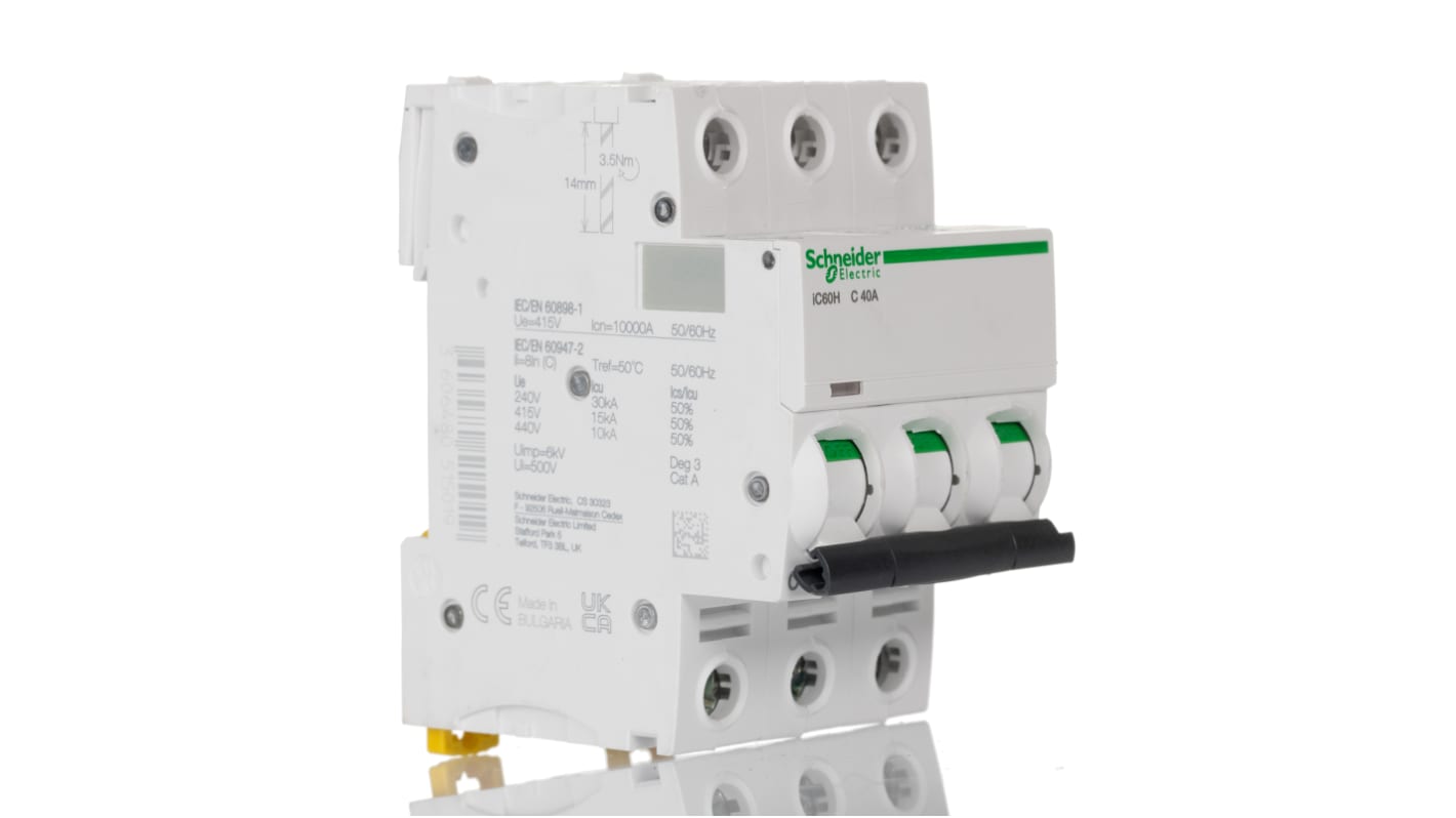 Schneider Electric Acti 9 iC60H MCB, 3P, 40A Curve C, 440V AC, 100 → 133V DC, 10 kA Breaking Capacity