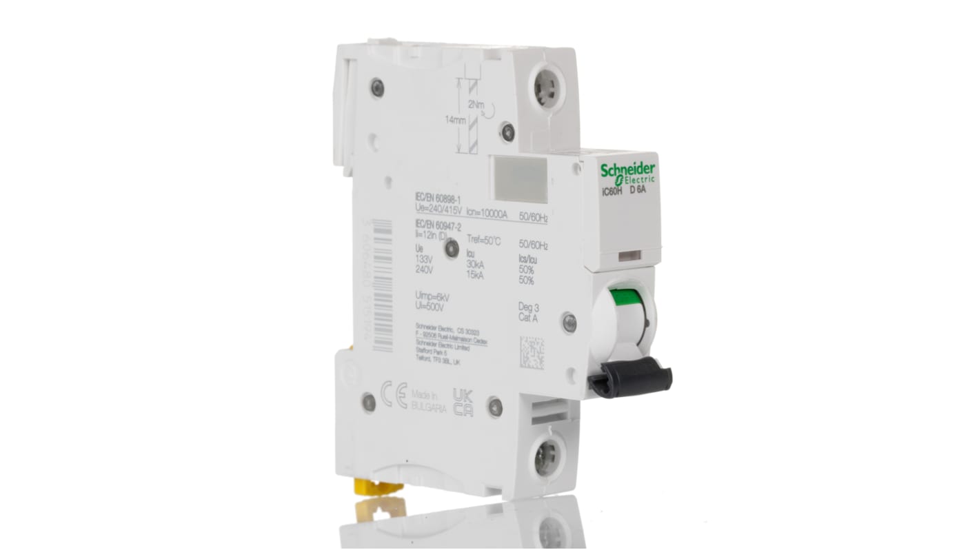 Schneider Electric Acti 9 iC60H MCB, 1P, 6A Curve D, 100 → 133V AC, 72V DC, 10 kA Breaking Capacity