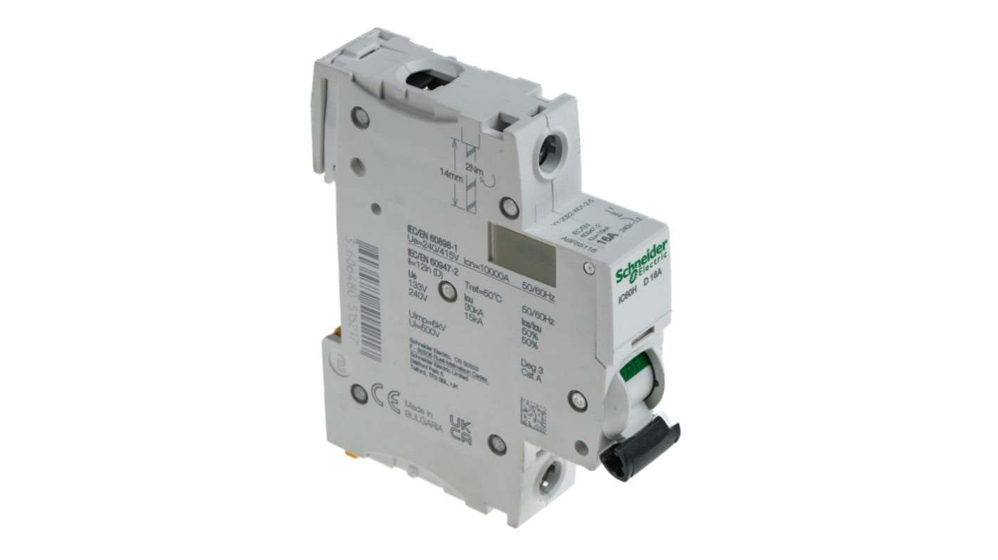 Schneider Electric D型MCB, 1极, 10 kA分断, 16A, 100 → 133VAC, 72VDC, iC60H系列