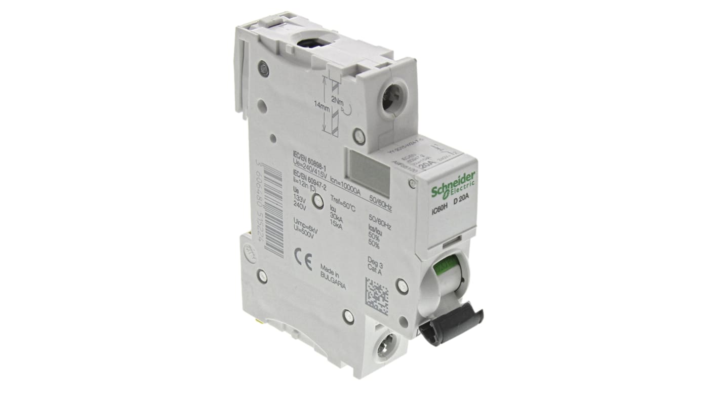 Schneider Electric D型MCB, 1极, 10 kA分断, 20A, 100 → 133VAC, 72VDC, iC60H系列