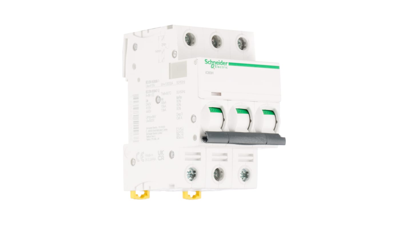 Schneider Electric Acti 9 iC60H MCB, 3P, 20A Curve D, 440V AC, 100 → 133V DC, 10 kA Breaking Capacity