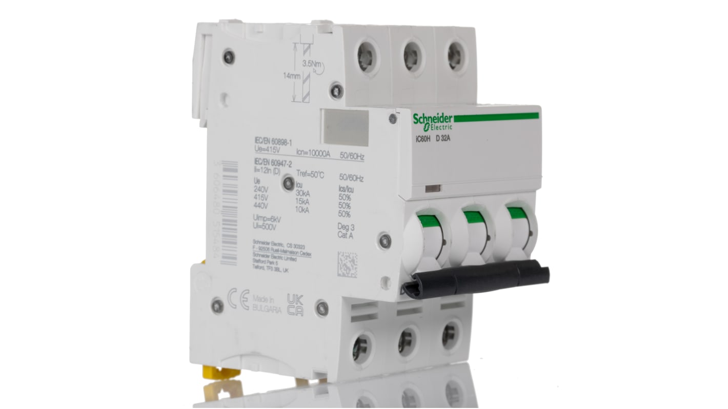 Schneider Electric Acti 9 iC60H MCB, 3P, 32A Curve D, 440V AC, 100 → 133V DC, 10 kA Breaking Capacity