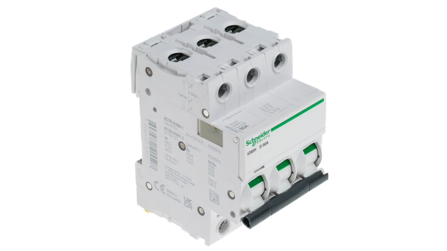 Schneider Electric Acti 9 iC60H MCB, 3P, 50A Curve D, 440V AC, 100 → 133V DC, 10 kA Breaking Capacity