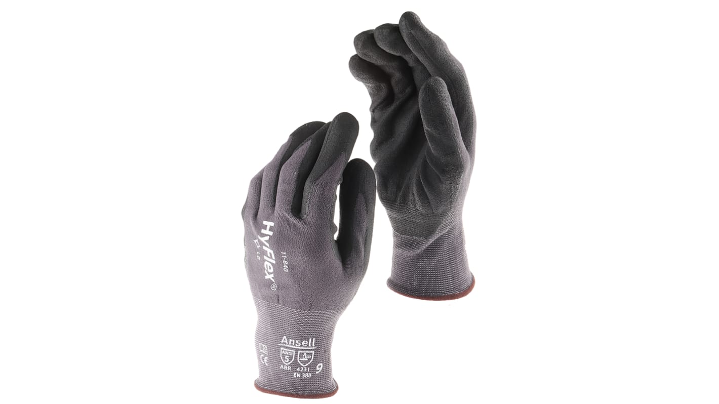 Ansell HyFlex 11-840 Grey Nylon, Spandex General Purpose Work Gloves, Size 8, Nitrile Coating