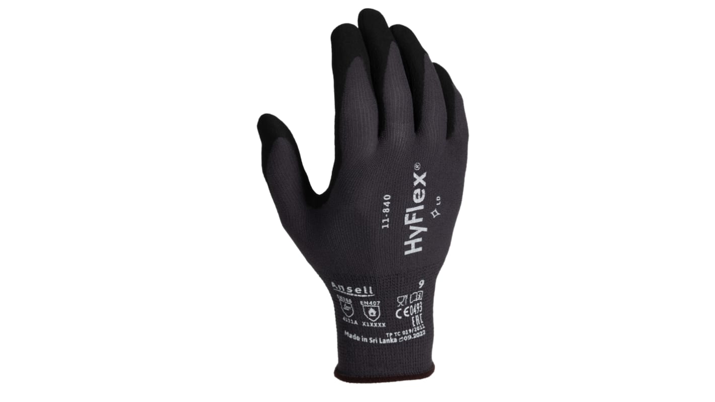 Ansell HyFlex 11-840 Grey Nylon, Spandex General Purpose Work Gloves, Size 9, Nitrile Coating