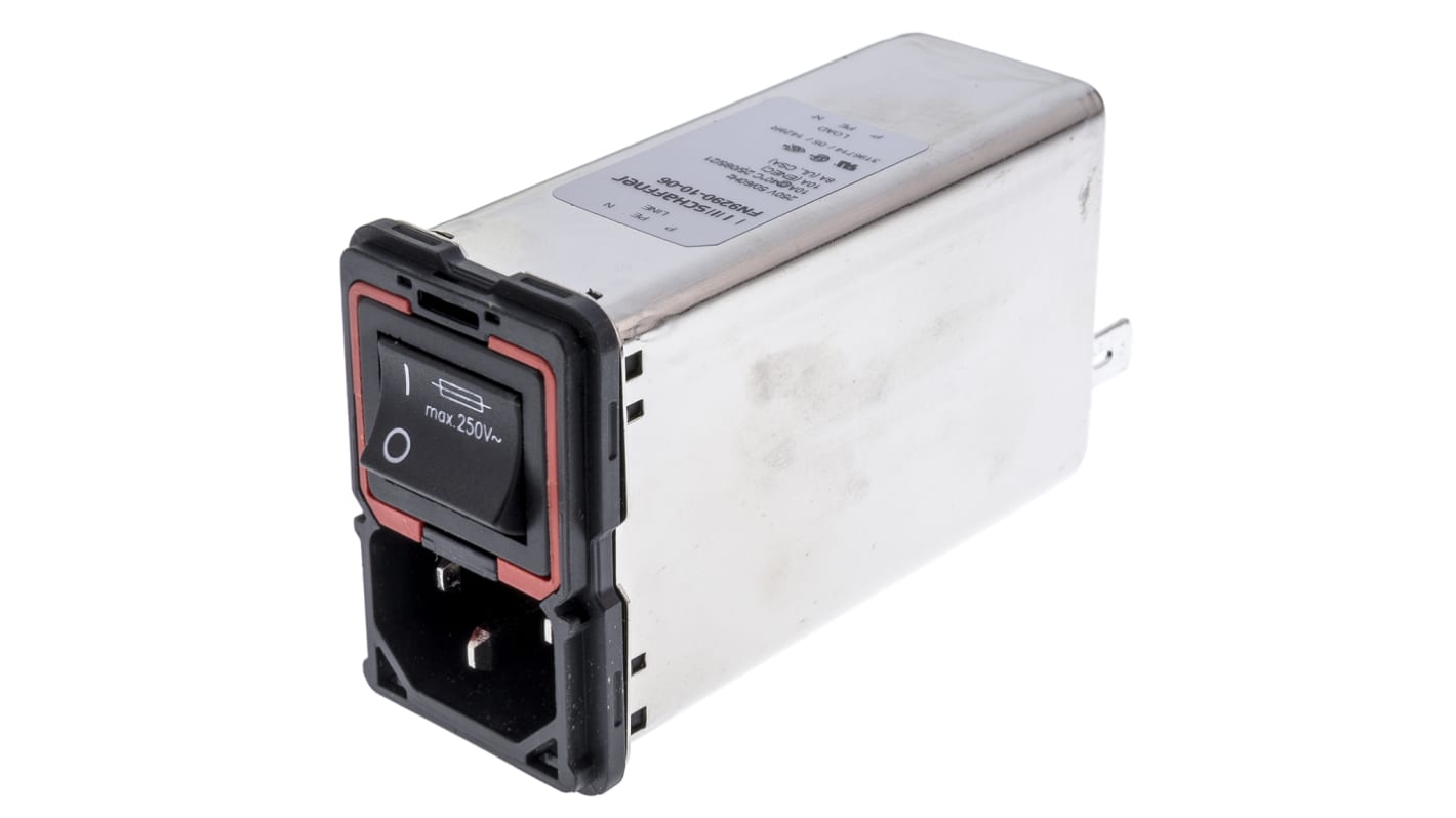 Schaffner 10A, 250 V ac Male Panel Mount IEC Filter 2 Pole FN9290-10-06, Faston 2 Fuse