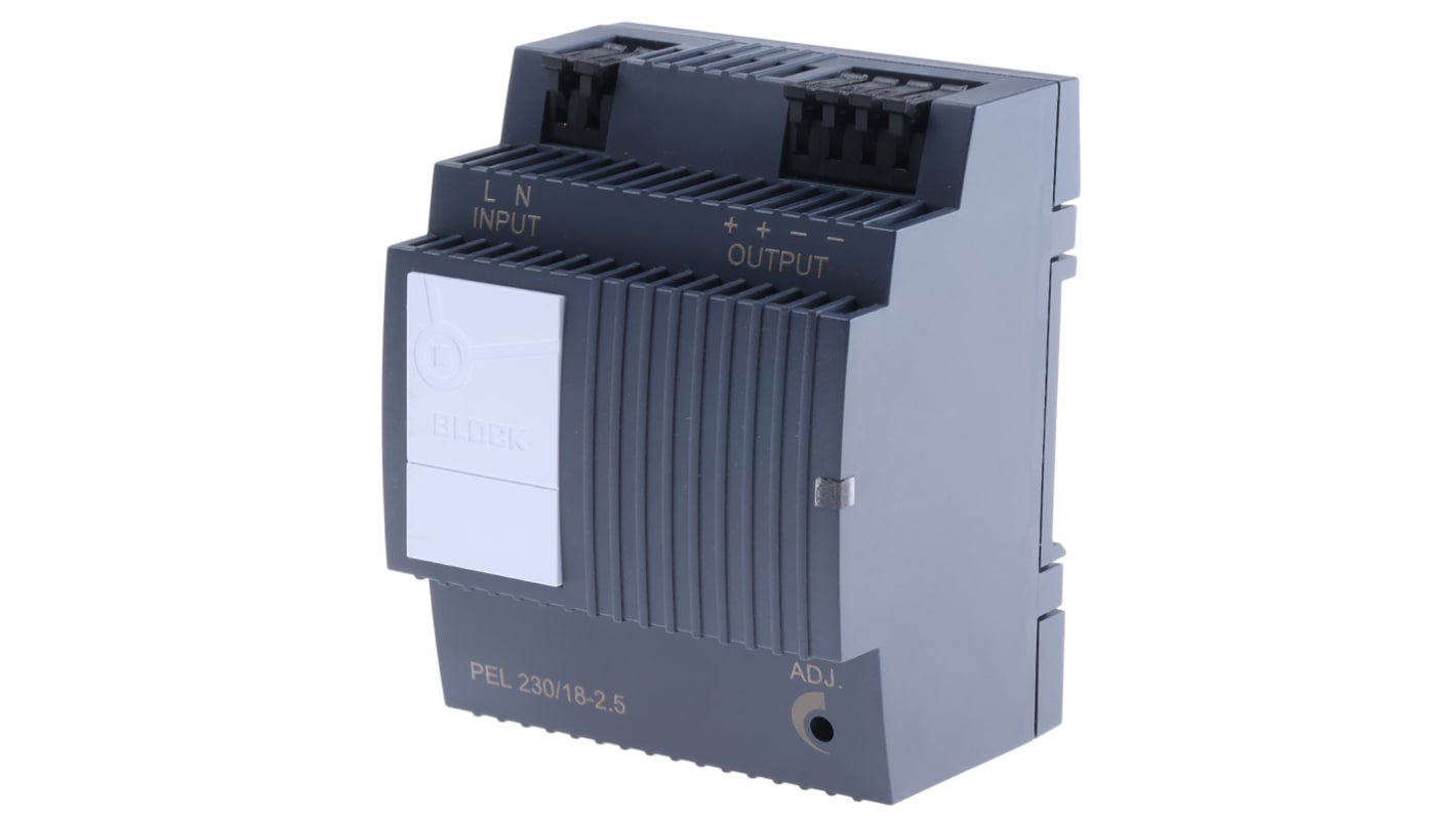 Block 开关模式导轨电源, 18V 直流 2.5A输出, 45W, 85 → 264 V ac / 120 → 373V 直流输入, 单相, PEL 230系列
