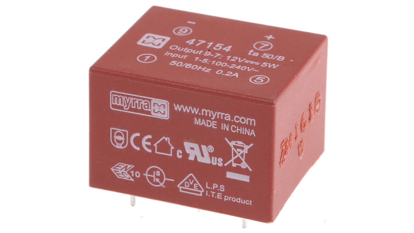 Trasformatore SMPS Myrra 47154, 5W, primario 85 → 265 V ac, 85 → 370 V dc, secondario 12V cc, , 1 uscita