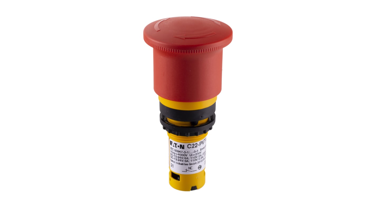 Eaton C22-PVT Series Twist Release Emergency Stop Push Button, Panel Mount, 22mm Cutout, 2NC