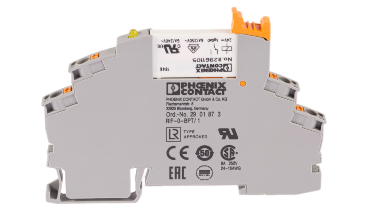 Phoenix Contact RIF-0-RPT-24DC/1 Series Interface Relay, DIN Rail Mount, 24V dc Coil, SPST, 1-Pole