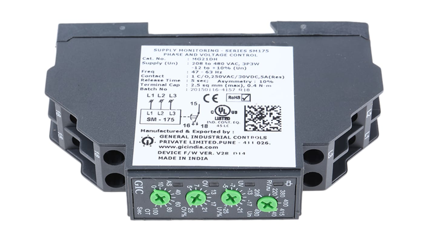 GIC 过压/电压继电器, 三相, DIN导轨安装, SPDT至5A, 可感应208 → 480V 交流, 可感应45 → 65Hz