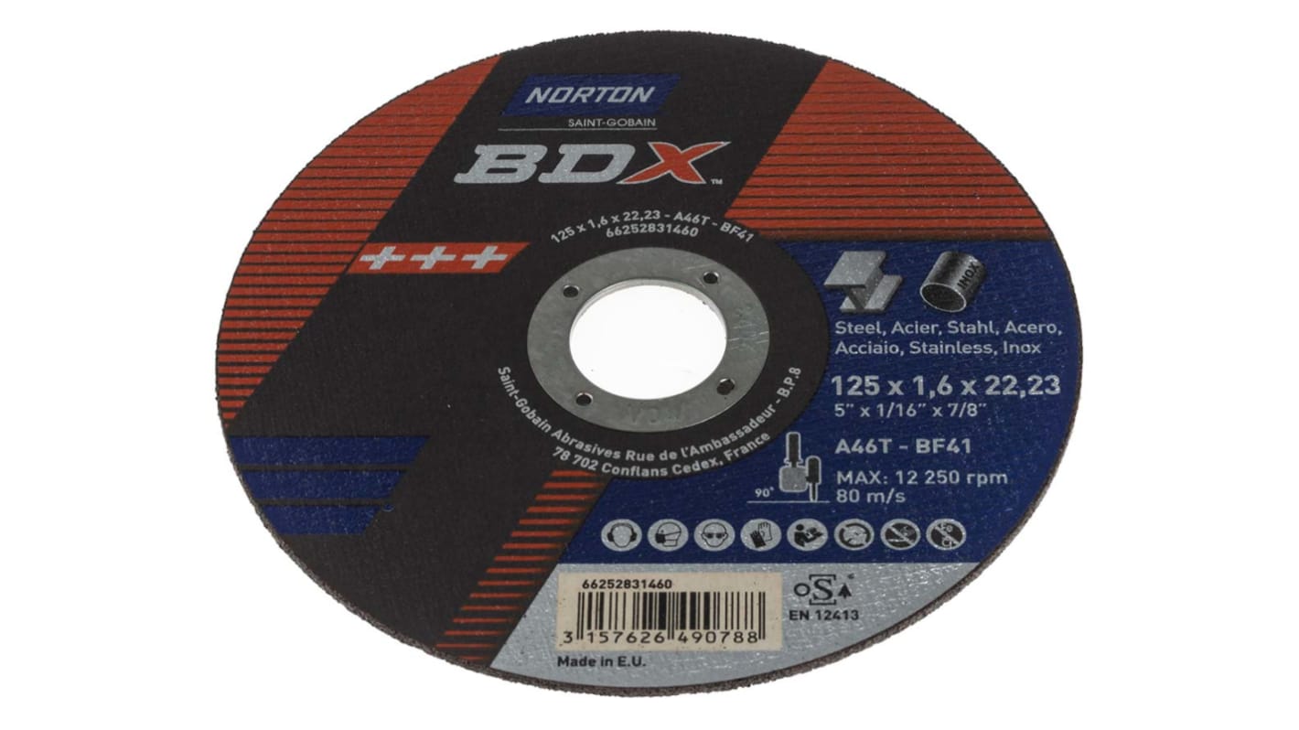 Norton Cutting Disc Aluminium Oxide Cutting Disc, 125mm x 1.6mm Thick, P46 Grit, BDX, 5 in pack