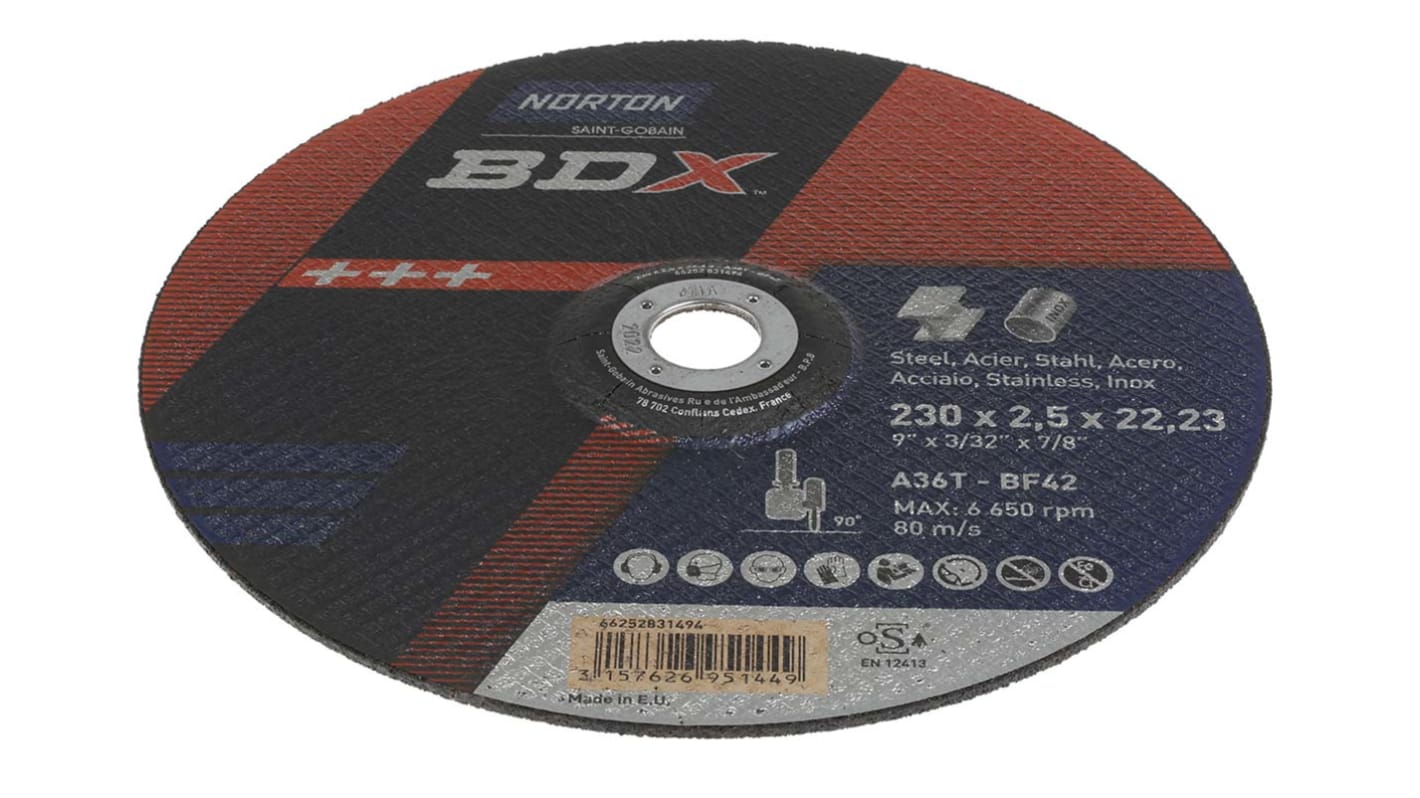 Norton Cutting Disc Aluminium Oxide Cutting Disc, 230mm x 2.5mm Thick, P36 Grit, BDX