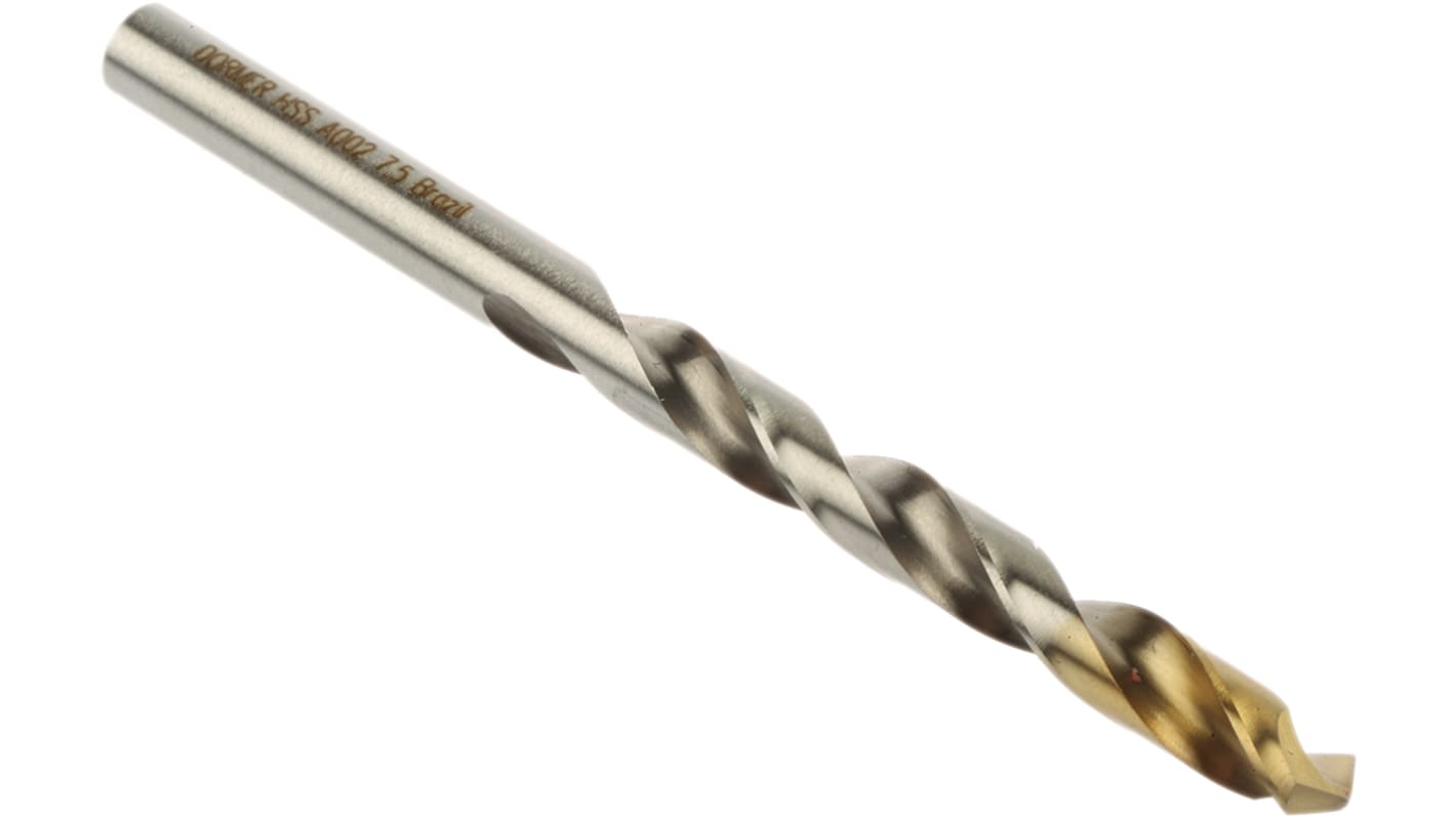 Dormer A002 Series HSS-TiN Twist Drill Bit for Steel, 7.5mm Diameter, 109 mm Overall