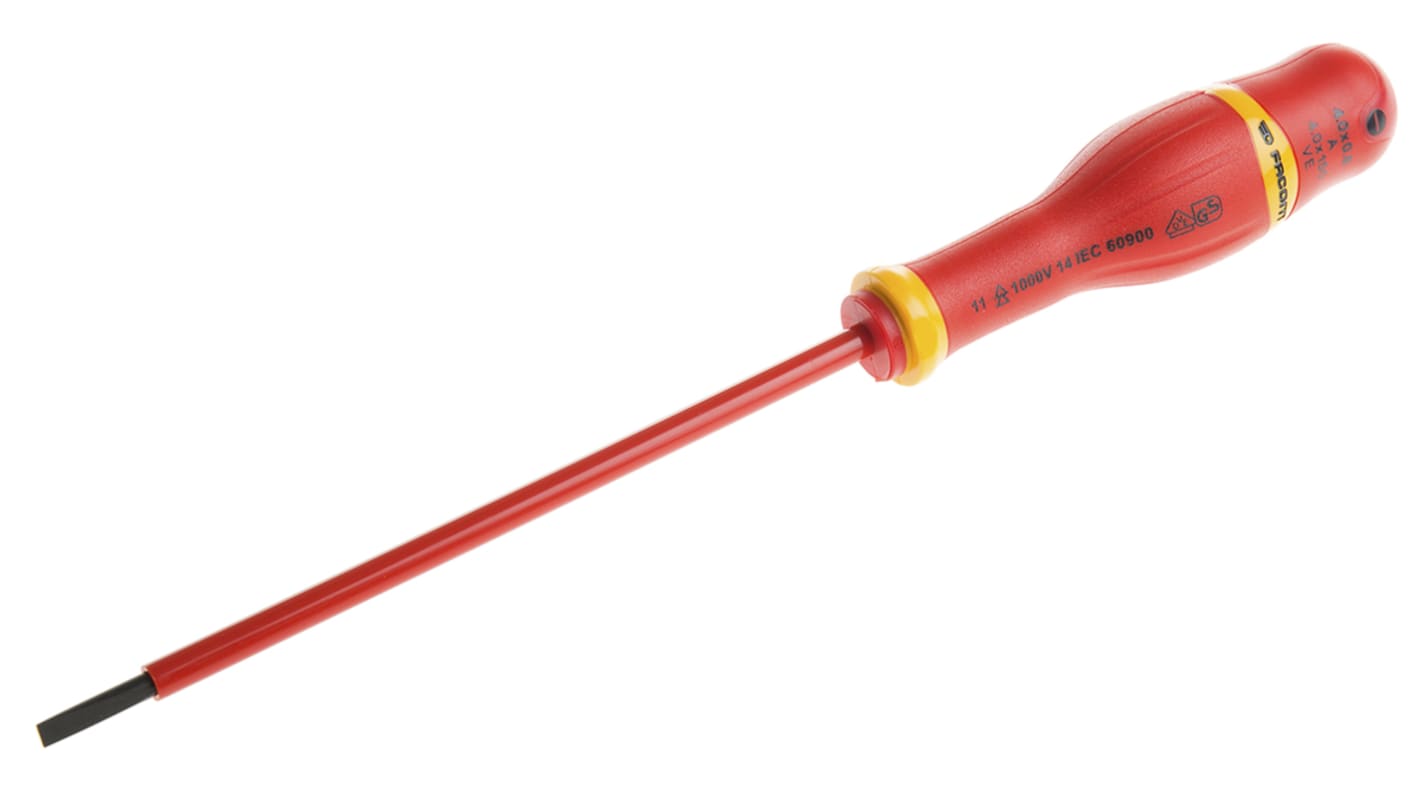 Facom Slotted Insulated Screwdriver, 4 x 0.8 mm Tip, 150 mm Blade, VDE/1000V, 260 mm Overall