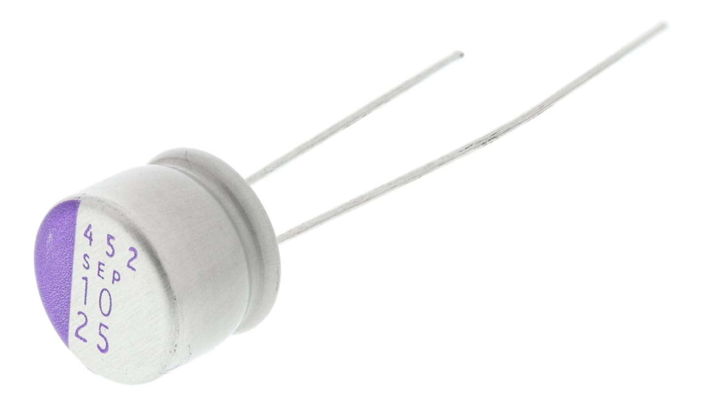 Panasonic 10μF Through Hole Polymer Capacitor, 25V dc