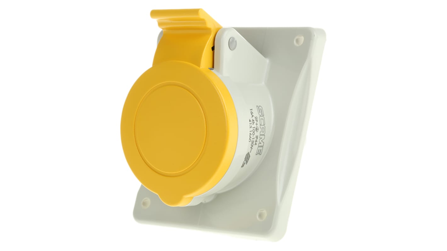 Scame IP44 Yellow Panel Mount 2P + E Heavy Duty Power Connector Socket, Rated At 16A, 110 V