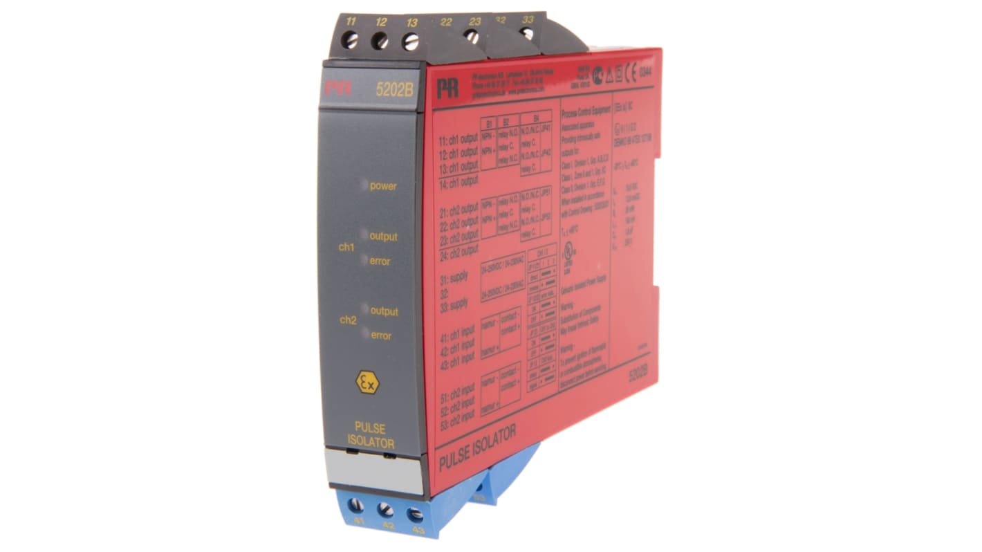 PR Electronics 2 Channel Galvanic Barrier, Pulse Isolator, NAMUR Sensor, Switch Input, NPN, Relay Output, ATEX