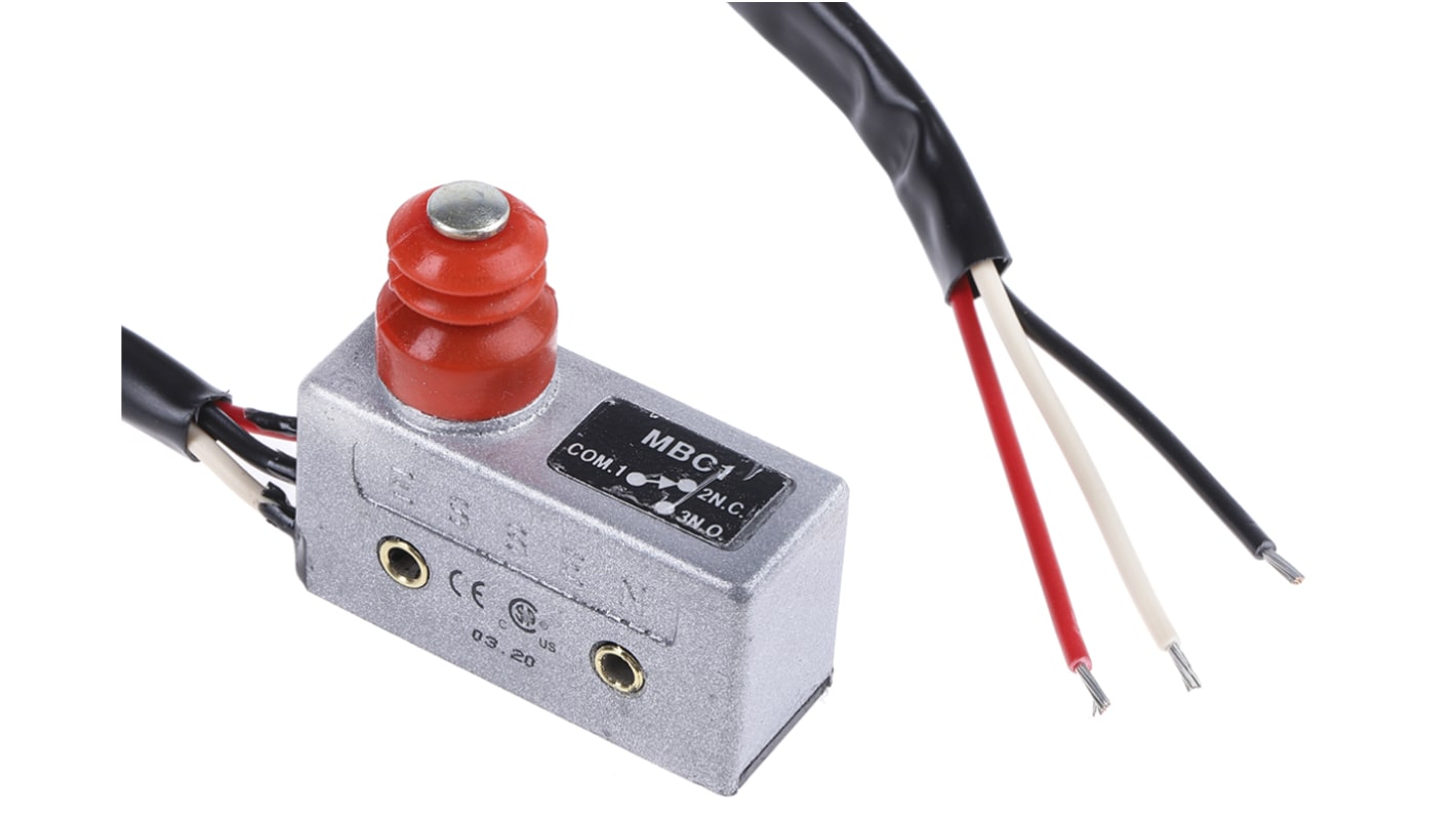 RS PRO Plunger Micro Switch, Pre-wired Terminal, 15 A @ 250 V ac, SPDT, IP54