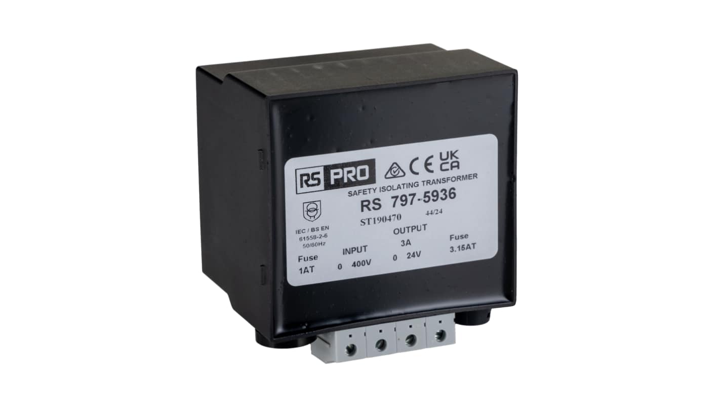 RS PRO 导轨式变压器, 初级400V 交流, 次级24V 交流, 72VA, DIN导轨安装, 1输出, 最高+40°C