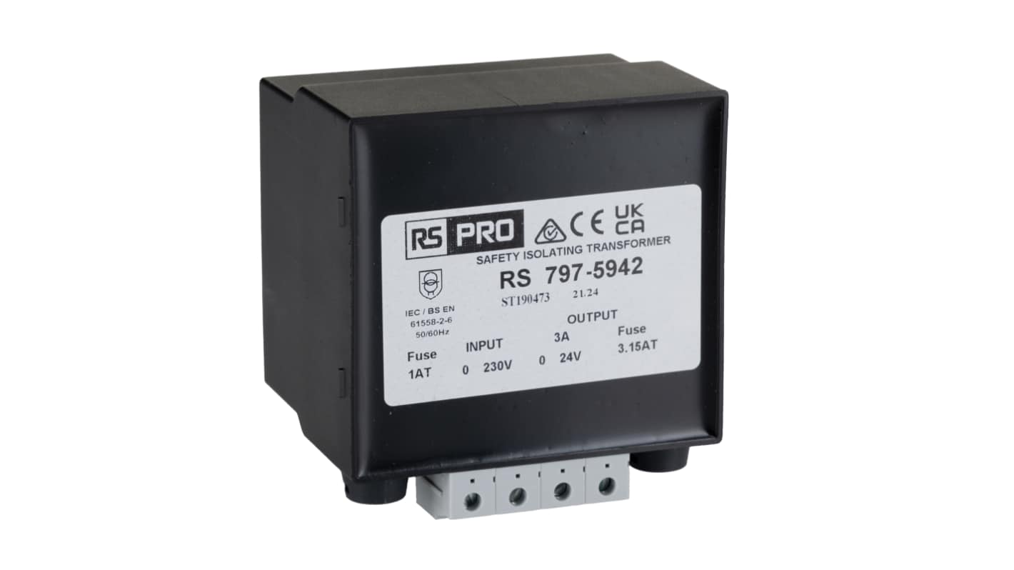 RS PRO 导轨式变压器, 初级230V 交流, 次级24V 交流, 72VA, DIN导轨安装, 1输出, 最高+40°C