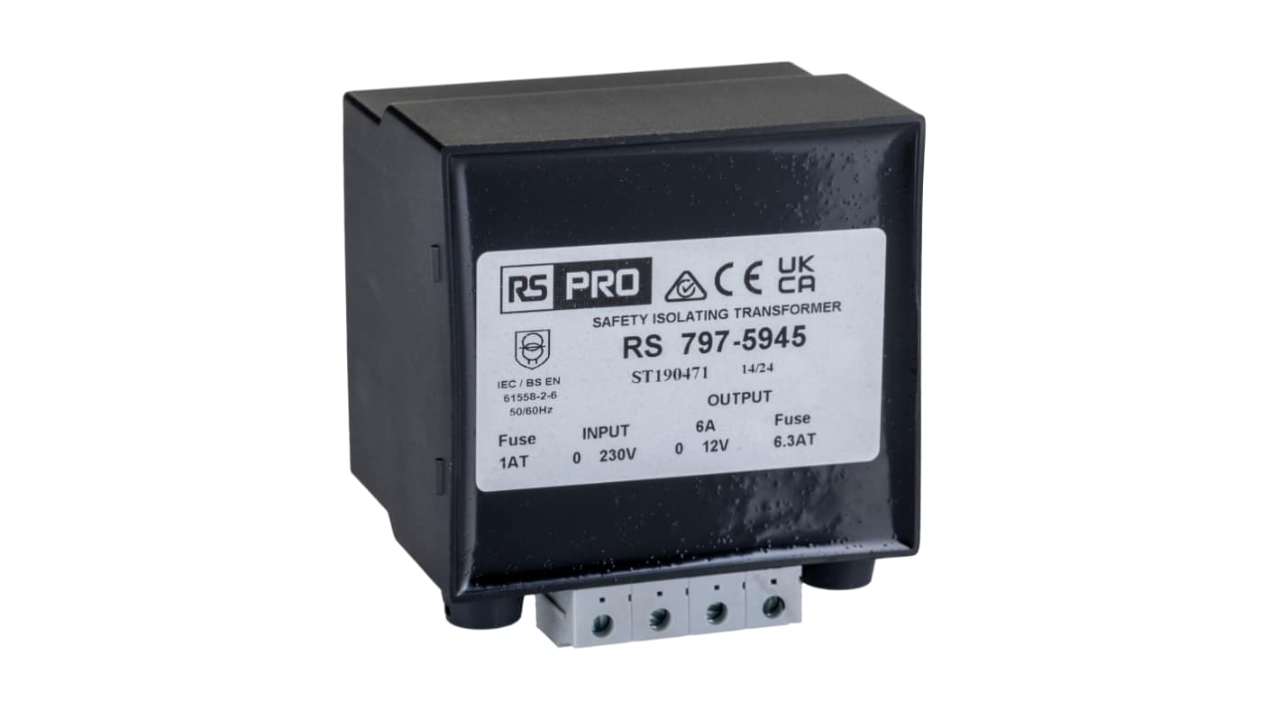 RS PRO 72VA DIN Rail Transformer, IEC 61558-2-6, 230V ac Primary, 12V ac Secondary