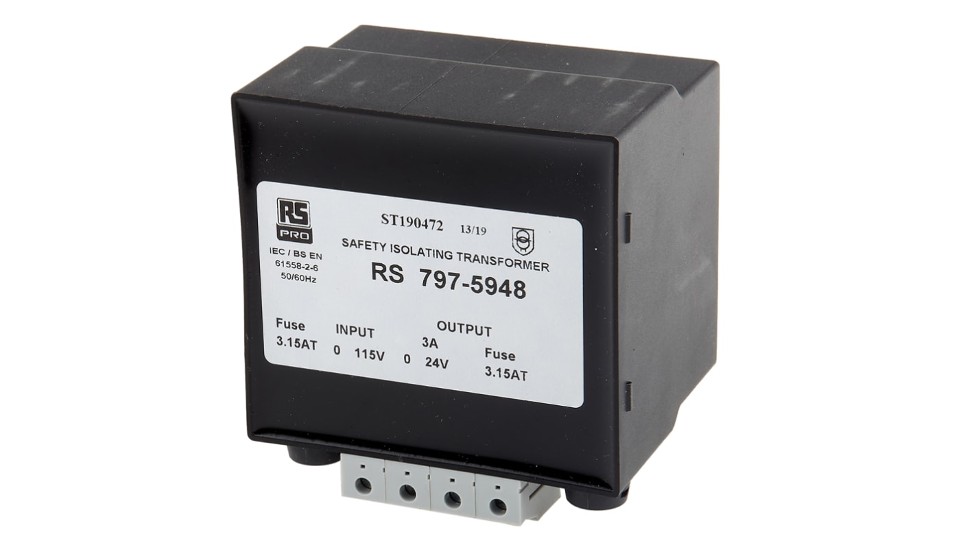 Transformador de carril DIN RS PRO, 24V ac, 72VA, 1 salida