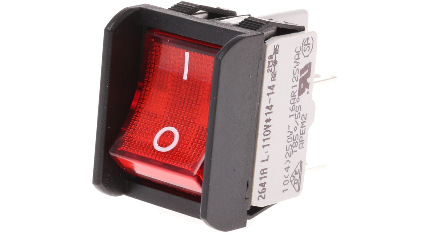 Interruptor de balancín, 2641LP/2A23621L110V, Contacto DPST, On-Off, 16 A, Iluminado, Rojo