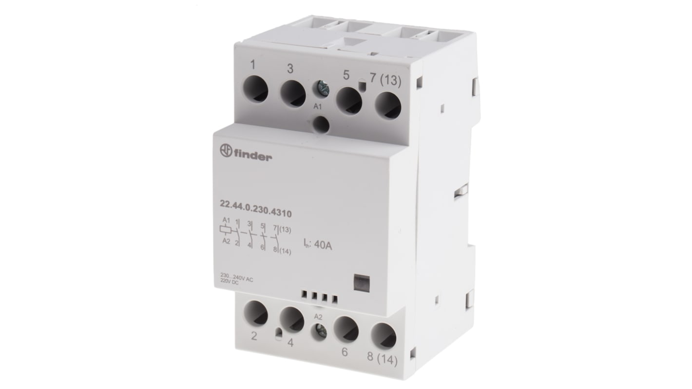 Finder 22 Contactor, 230 V ac/dc Coil, 4-Pole, 40 A, 6 VA, 4NO, 400/480 V ac