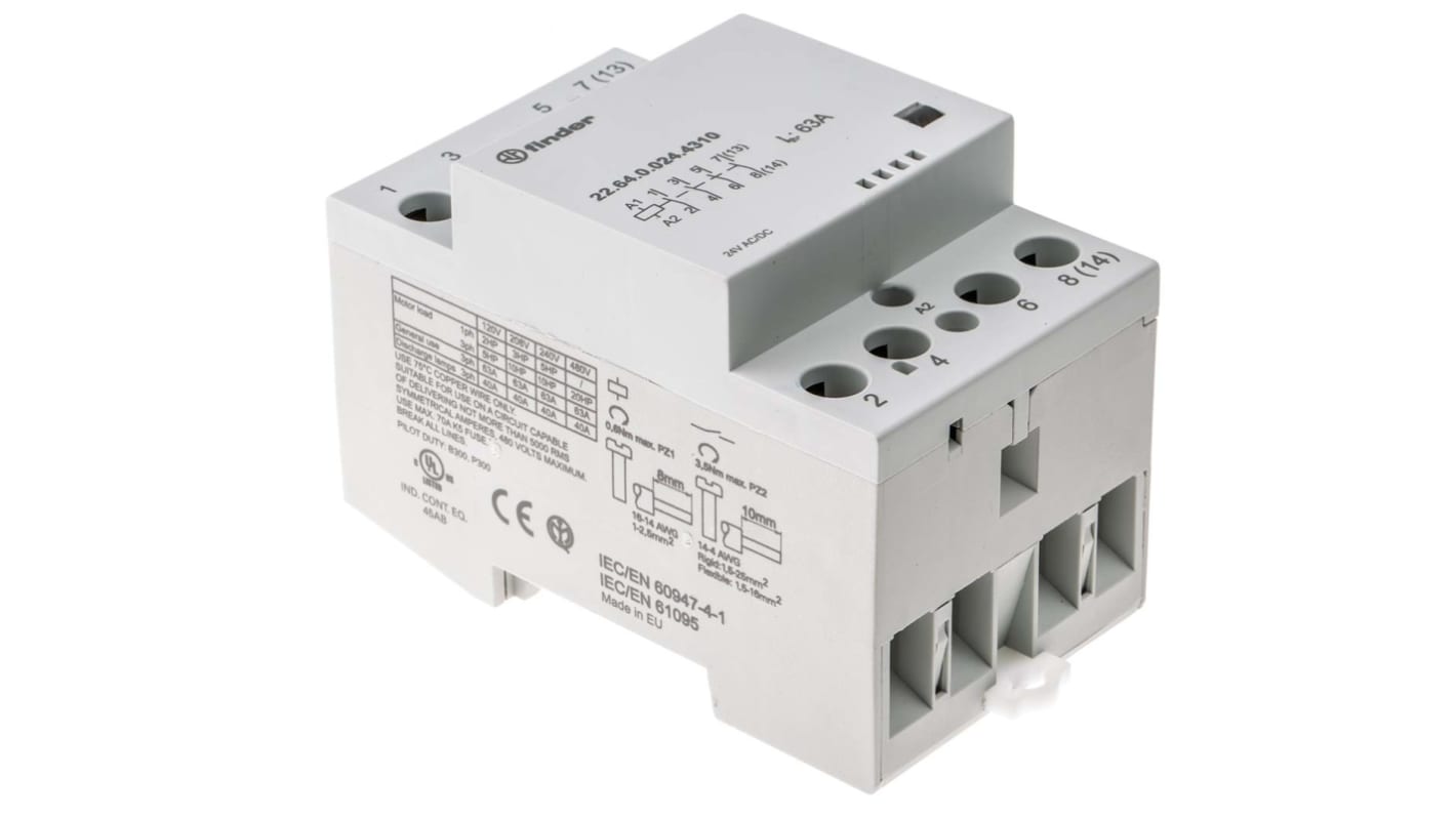 Finder 22 Contactor, 24 V ac, 24 V dc Coil, 4-Pole, 63 A, 5 W, 4NO