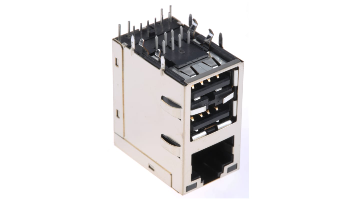 Bel-Stewart MagJack Series Female RJ45 Connector, Through Hole, STP Shield Right Angle RJ45+Dual USB -Way
