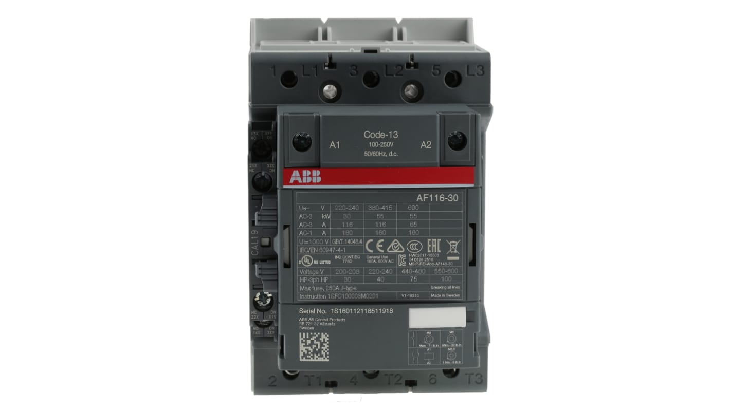 ABB 接触器, 55 kW, 线圈230 V 交流, 触点160 A, 690 V 交流, 3P, 3 常开, AF系列