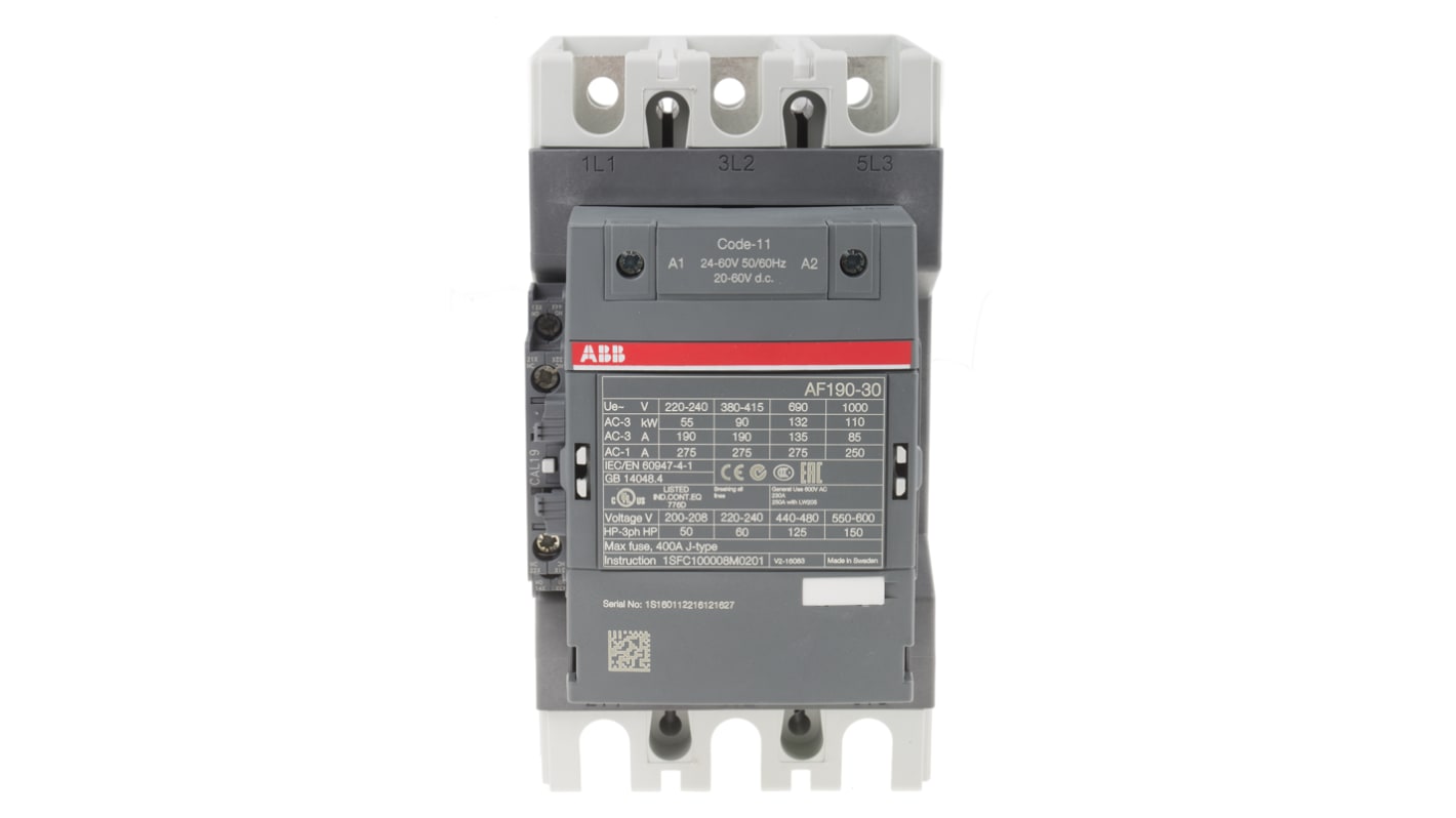 Contattore ABB, serie AF, 3 poli, 3 NA, 275 A, 90 kW, bobina 24 V ca/cc