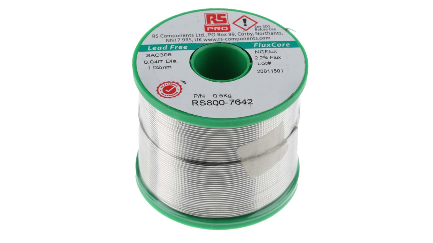 RS PRO SAC305 NC600 Lötzinn bleifrei 96.5%Sn 0%Pb 0.5%Cu 3%Ag, 217°C, Ø 1.01mm / 500g