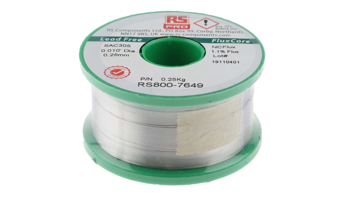 RS PRO SAC305 NC600 Lötzinn bleifrei 96.5%Sn 0%Pb 0.5%Cu 3%Ag, 217°C, Ø 0.25mm / 250g