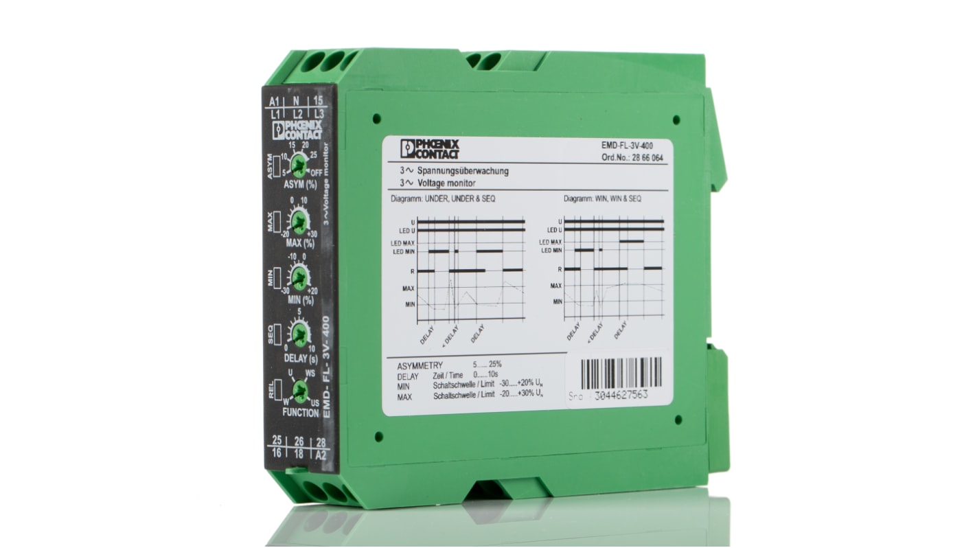 Phoenix Contact Phase, Voltage Monitoring Relay, 3 Phase, DPDT, 280 → 520V ac, DIN Rail