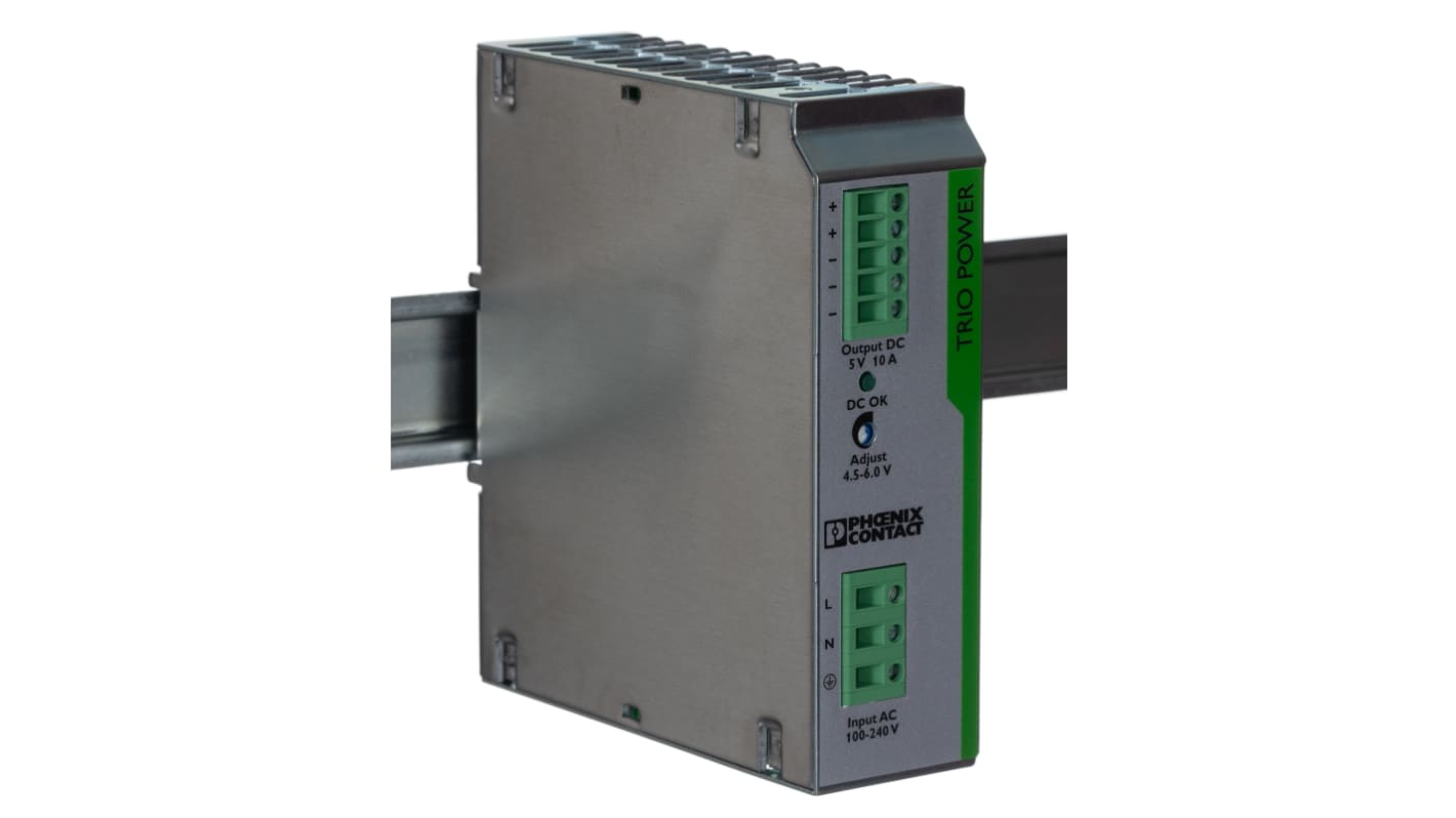 Alimentatore a montaggio su guida DIN Phoenix Contact, 5V cc, 10A, 85 → 264V ca, 50W