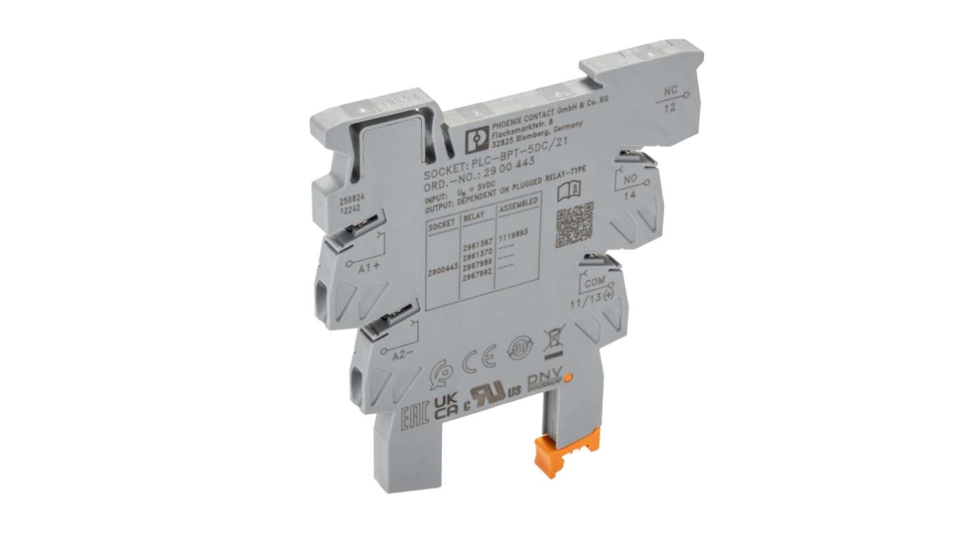 Phoenix Contact PLC-BPT 1 Pin 5V dc DIN Rail Relay Base