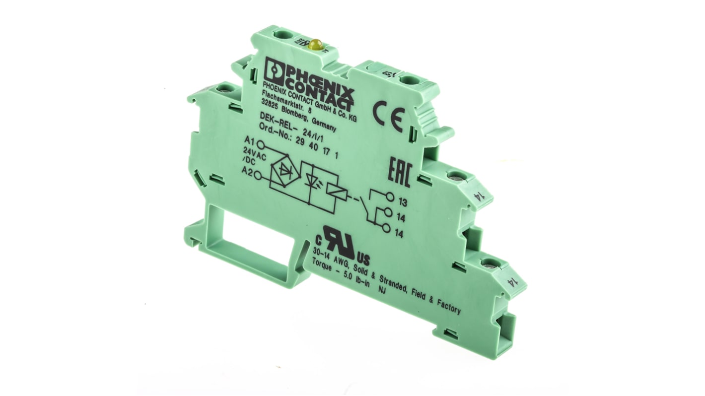 Phoenix Contact DEK-REL- 24/I/1 Series Interface Relay, DIN Rail Mount, 24V ac/dc Coil, SPST, 1-Pole