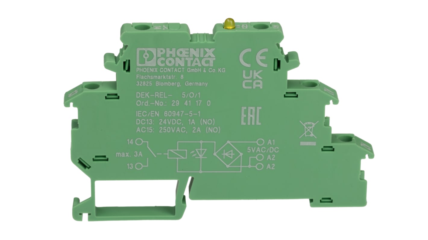 Phoenix Contact DEK-REL-5/O/1 Series Interface Relay, DIN Rail Mount, 5V ac/dc Coil, SPST, 1-Pole