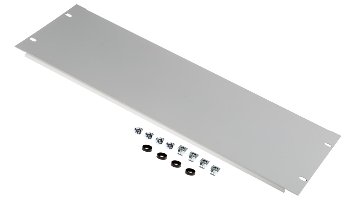 Panel stelażowy Panel zaślepiający do szafy RACK RS PRO moduły stelażowe 4U szerokość 9mm 483 x 9mm Szary