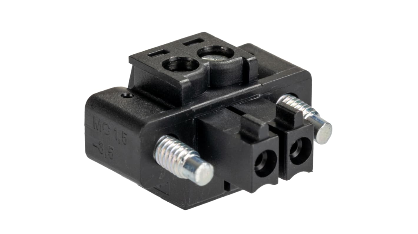 Phoenix Contact, 3.5mm Pitch, MC 1.5/2-STF-3.5 BK, 2 Way, , Pluggable Terminal Block, Plug, Cable Mount, Screw