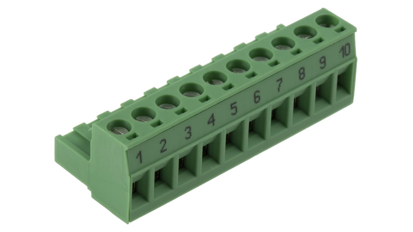 Bloque de terminal PCB Hembra Phoenix Contact de 10 vías, paso 5.08mm, 12A, de color Verde, montaje De inserción,