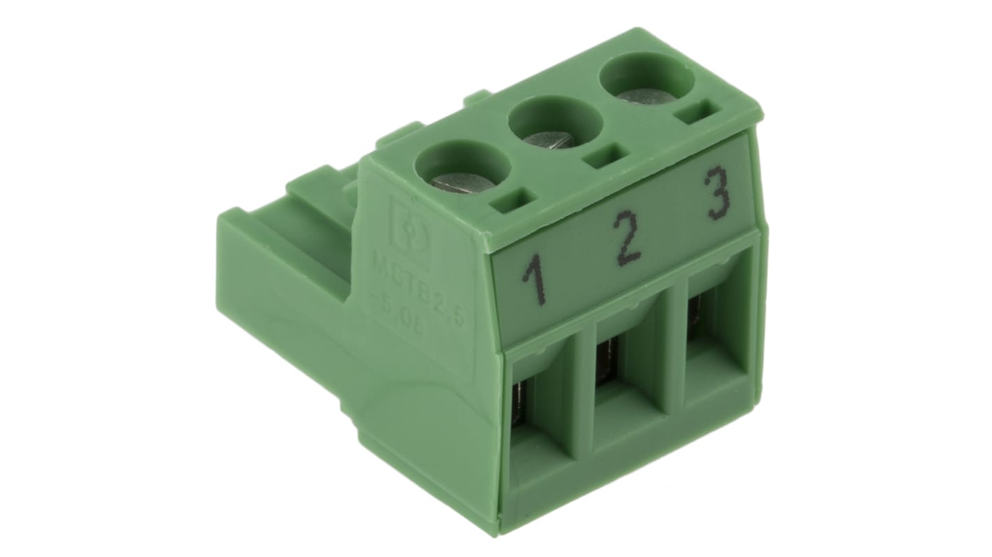 Bloque de terminal PCB Hembra Ángulo recto Phoenix Contact de 3 vías, paso 5.08mm, 12A, de color Verde, montaje De