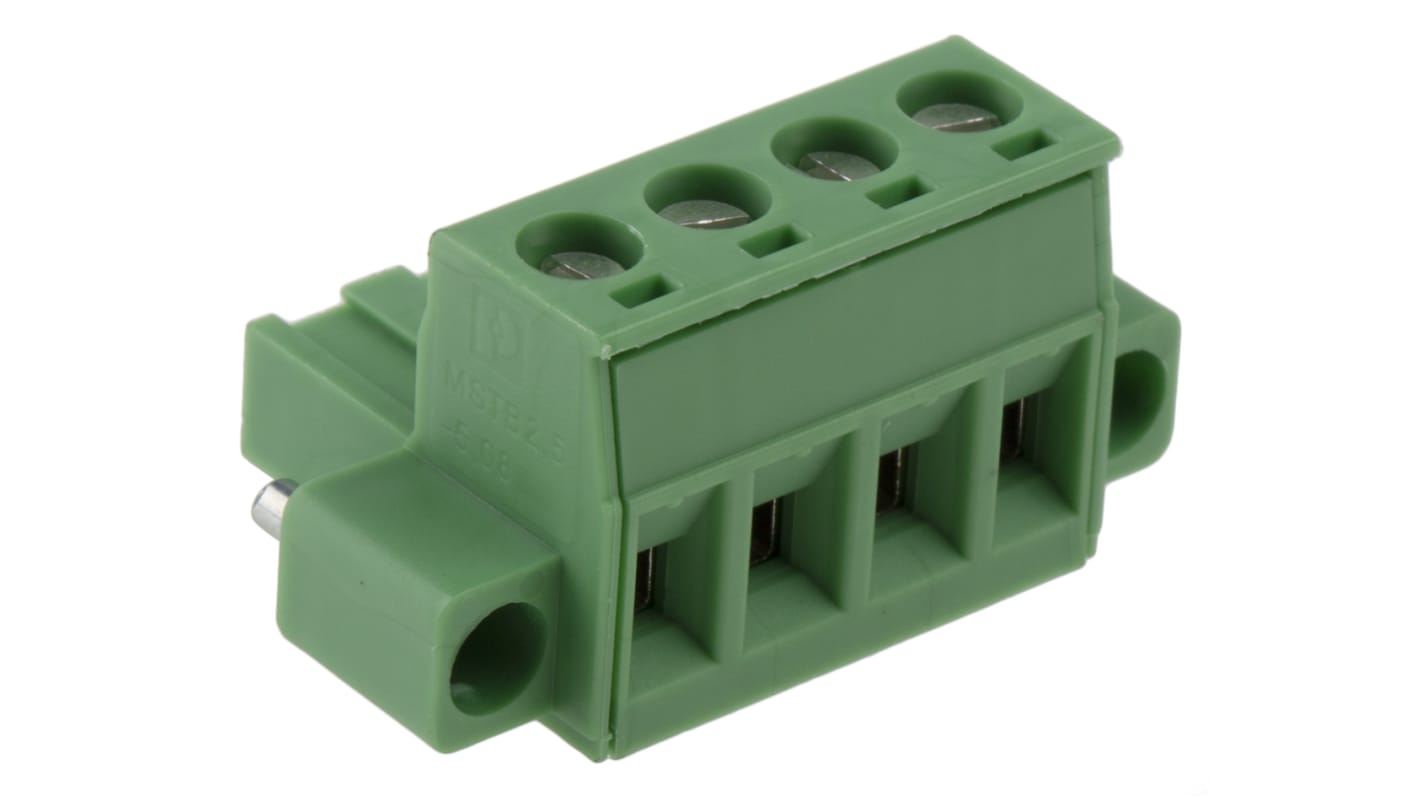 Bloque de terminal PCB Hembra Ángulo recto Phoenix Contact de 4 vías, paso 5.08mm, 12A, de color Verde, montaje De