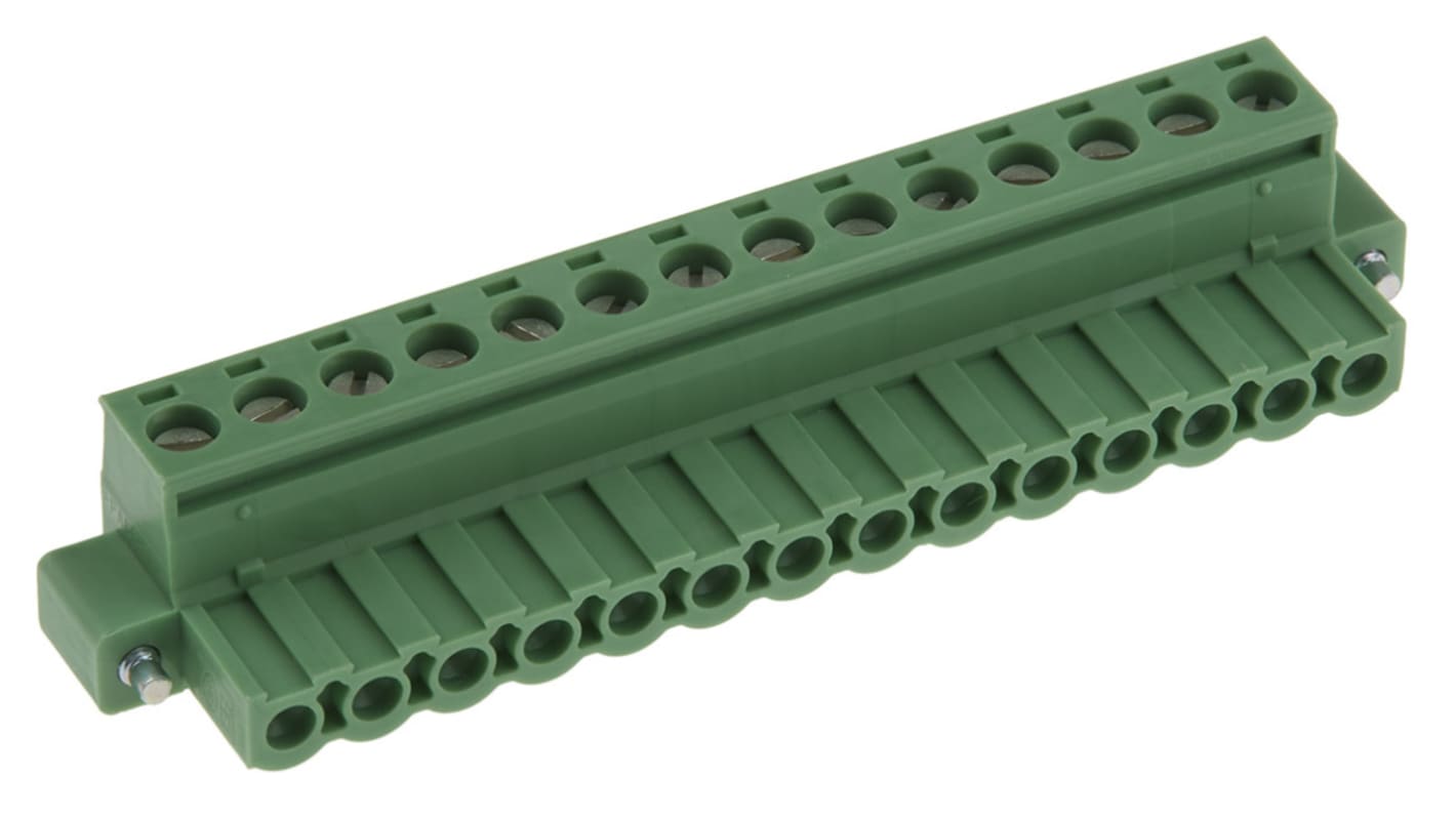 Bloque de terminal PCB Hembra Ángulo recto Phoenix Contact de 14 vías, paso 5.08mm, 12A, de color Verde, montaje De