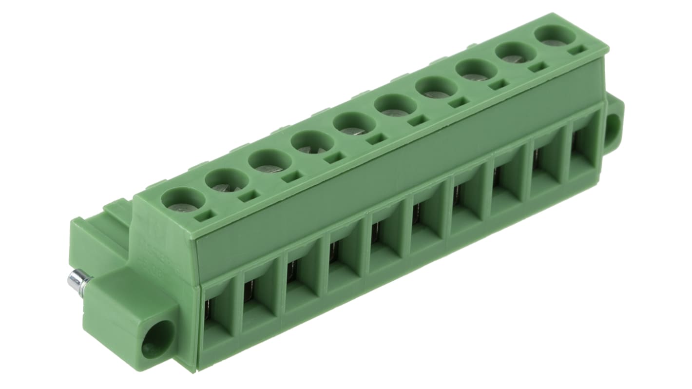 Bloque de terminal PCB Hembra Ángulo recto Phoenix Contact de 10 vías, paso 5.08mm, 12A, de color Verde, montaje De